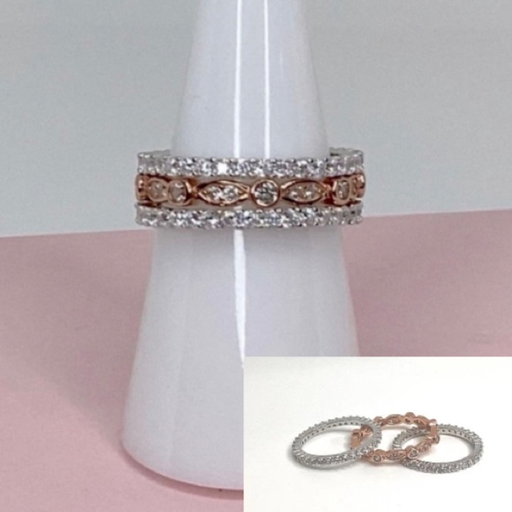 Sizes 4-10, 3 Pc Two Tone .925 Cz Eternity Band Ring Set - Picture 2 of 16